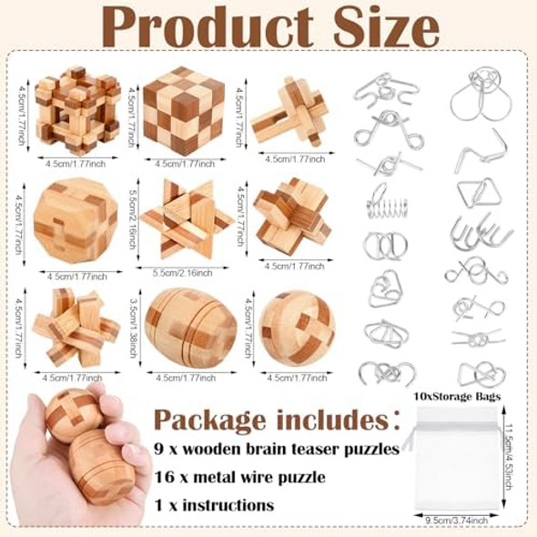 Auroray 25 Pcs Wooden Brain Teaser Puzzles Metal Wire Puzzle Set, 3D Unlock Interlock Game Iq Test Toy Mind Game Toys Brain Teaser Toy Puzzle For Adults