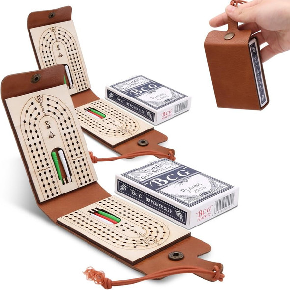 Behegtye Foldable Travel Cribbage Board Game Set, Leather Cribbage Board Set - 6 Pegs, 1 Playing Card And Instruction, Portable Travel Cribbage Board With Storage Area For Cribbage Lovers (1Pcs)