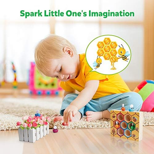 Coogam Toddler Fine Motor Skill Toy, Clamp Bee To Hive Matching Game, Montessori Wooden Color Sorting Puzzle, Early Learning Preschool Educational Toy For 3 4 5 Years Old Kids