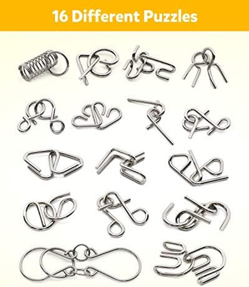 Coogam Metal Wire Puzzle Set Of 16 With Pouch,Brain Teaser Iq Test Disentanglemen Iron Link Unlock Interlock Game Chinese Ring Magic Trick Toy For Party Favor Kids Adults Challenge