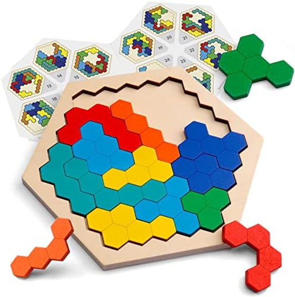 Coogam Wooden Hexagon Puzzle For Kid Adults - Shape Pattern Block Tangram Brain Teaser Toy Geometry Logic Iq Game Stem Montessori Educational For All Ages Challenge