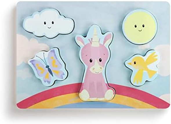 Demdaco Pink Unicorn Peek-A-Boo 10.5 Inch Beechwood Childrens 5-Piece Puzzle Set