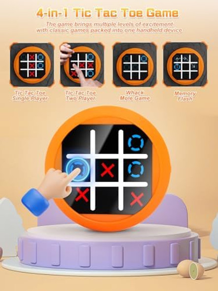 Dollox 4-In-1 Mini Tic Tac Toe Bolt Game, Electronic Handheld Game Puzzle Board Games Console Brain Training Includes Tic Tac Toe, Memory Flash, Whack-A-Mole Family Fun Travel Games (Orange)