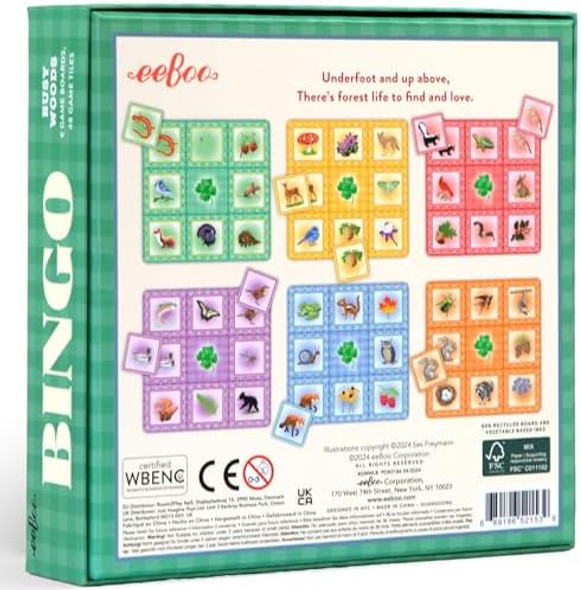 Eeboo: Busy Woods Bingo - 6 Game Boards, 48 Game Tiles, Animal & Nature Themed, Classic Family Matching Game, Kids Ages 3+, Up To 6 Players