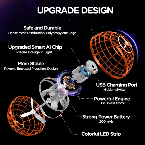 Etplanet Flying Orb Ball Toys Hover Soaring Flying Toy Cosmic Globe Magic Boomerang Spinner Hand Controlled Mini Drone Cool Stuff For 6 7 8 9 10+ Year Old Kids Boys Girls Outdoor Indoor (Orange)