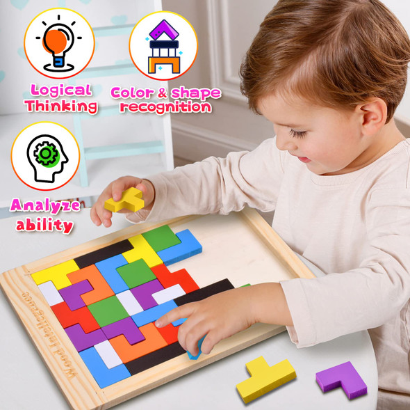 Fftroc Wooden Puzzles For Kids Ages 4-8 8-10 Thick Colorful 3D Russian Blocks And Brain Teaser Tangram Jigsaw Stem Intelligence Toys Educational For Toddlers 3 4 5 6 7 Years Old Boys Girls
