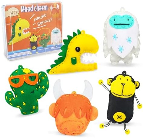 Flying Childhood Sewing Keychain Kit For Kids, 5 Easy Diy Projects Of Stuffed Keychains Of Dinosaur, Bull, Monkey, Cactus, Snow King, Instructions & Felt, Learn To Sew, For Girls Boys Flying Childhood Sewing Keychain Kit For Kids, 5 Easy Diy Projects Of Stuffed Keychains Of Dinosaur, Bull, Monkey, Cactus, Snow King, Instructions & Felt, Learn To Sew, For Girls Boys