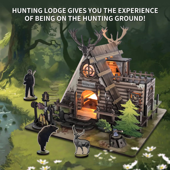 Flyintoys Diy Miniature House Kit,Hunting Cabin House Kit With Furniture Retro Creative Room With Led 3D Wooden Puzzles Crafts Model Building Kit Decor Adults Teens Birthday