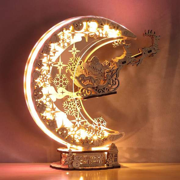 Funpola Led 3D Wooden Puzzle Christmas Night Flight Moon Lamp, Diy Craft Kit Festive Nightlight For Holiday Décor, Unique Christmas For Adults And Kids,White