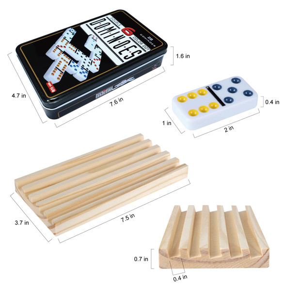 Gothink Dominos Set For Adults With 4 Wooden Trays/Racks, Double 6 Dominoes Set With Holders, 28 Tile Colored Dot Dominos Games Set With Case Mexican Train Accessories Board Games For Family