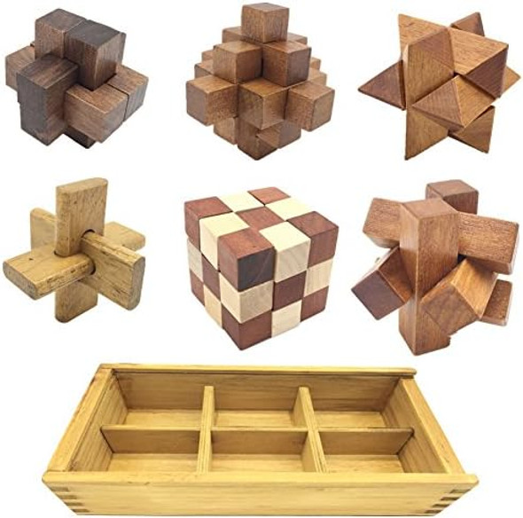 Guaishou 6-In-One 3D Luxury Wooden Brain Puzzle Teaser Kongming Lock For Teens And Adults Includes Storage Box