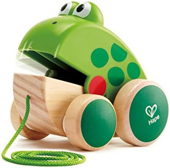 Hape Frog Pull-Along Wooden Frog Fly Eating Pull Toddler Toy, Bright Colors