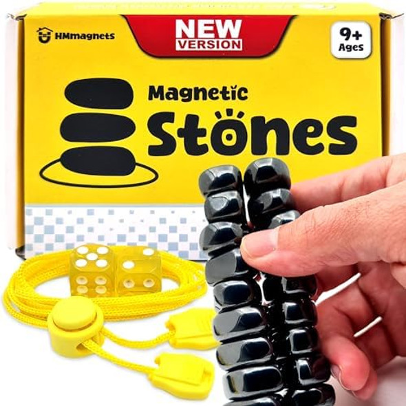 Hmmagnets d (Multi-Level) Magnet Chess Game With String & Stones - Clear & Simple Instructions Premium Set With 20 Larger & Stronger Stones, Adjustable Rope, 2 Dice & Travel Pouch For Kids & Adults
