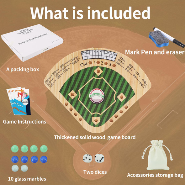 Horow Baseball Dice Board Game Thicken Wooden Travel Size Game With 3 Colors Marbles For 2 Players Baseball Themed Party For Adults & Families(3/9 Fan Shaped)