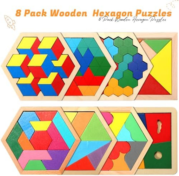 Jerify 8 Pack Wooden Tangrams Puzzles Wooden Hexagon Puzzles Blocks Geometric Tangram Jigsaw For Adults 3D Logic Intelligence Iq Game