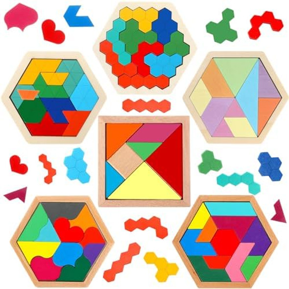Jerify 6 Pack Wooden Hexagon Puzzle Shape Russian Blocks Tangram Puzzle Brain Teaser Geometric Jigsaw Block 3D Logic Iq Stem Toy Educational For Adults Challenge