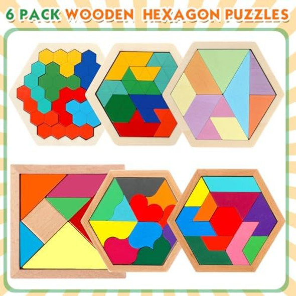 Jerify 6 Pack Wooden Hexagon Puzzle Shape Russian Blocks Tangram Puzzle Brain Teaser Geometric Jigsaw Block 3D Logic Iq Stem Toy Educational For Adults Challenge
