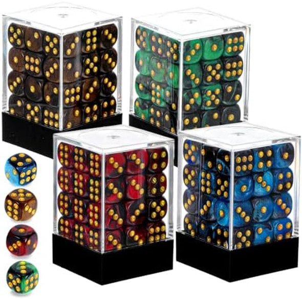Kifmurase 144 Pcs 12Mm 6 Sided Mini Dice Set, Pearl Pattern Game Tiny Dices Mable Two Colors D6 Game Standard Dices With Portable Plastic Box For Yahtzee And Teaching Math Learning (4 Color)