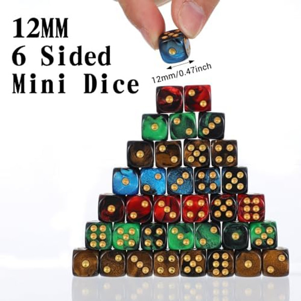 Kifmurase 144 Pcs 12Mm 6 Sided Mini Dice Set, Pearl Pattern Game Tiny Dices Mable Two Colors D6 Game Standard Dices With Portable Plastic Box For Yahtzee And Teaching Math Learning (4 Color)