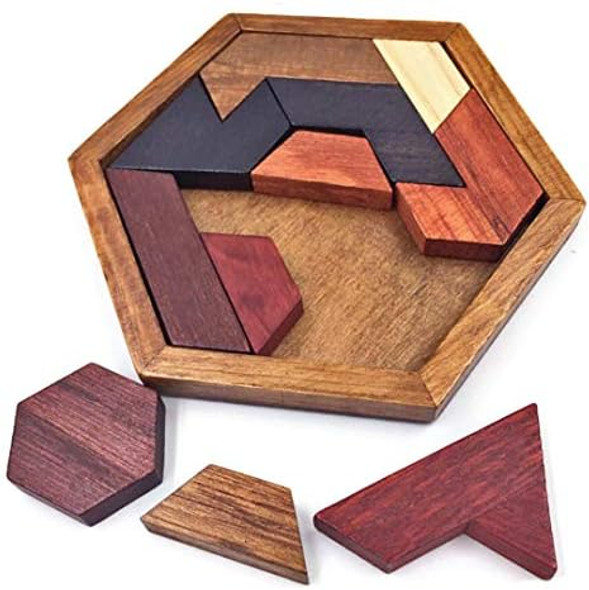 Kingou Hexagon Tangram Puzzle Wooden Brain Puzzles For Kids & Adult Challenge Wooden Brain Teasers Puzzle Games For Family Party - Brain Games For Kids