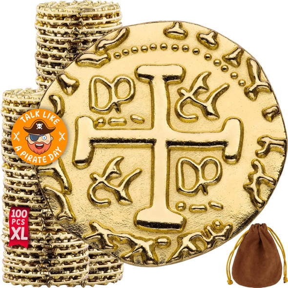 Leib Games Large Metal Pirate Coins - 35 Gold Treasure Coin Set, Metal Replica Spanish Doubloons For Pirate Party Decorations & Favors, Tokens, Toys, Cosplay - Pirate Treasure Chest, Size 1.18"