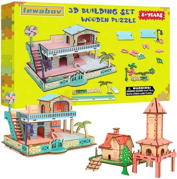 Lewabov 3D Wooden Puzzle,3D Architectural Model Building Set For Teens And Kids Ages 8+,Coffee Table Decor,Arts And Crafts For Kids. (2 Puzzles)