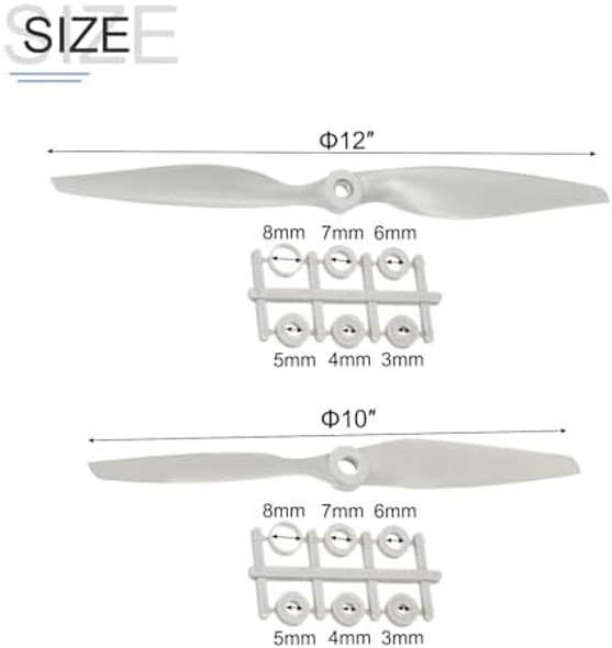 Meccanixity 10X5, 12X6 Propeller Rc Propellers 2 Vane Blades Props Wings Grey With Adapter Rings For Electric Airplane Aircraft, Pack Of 4