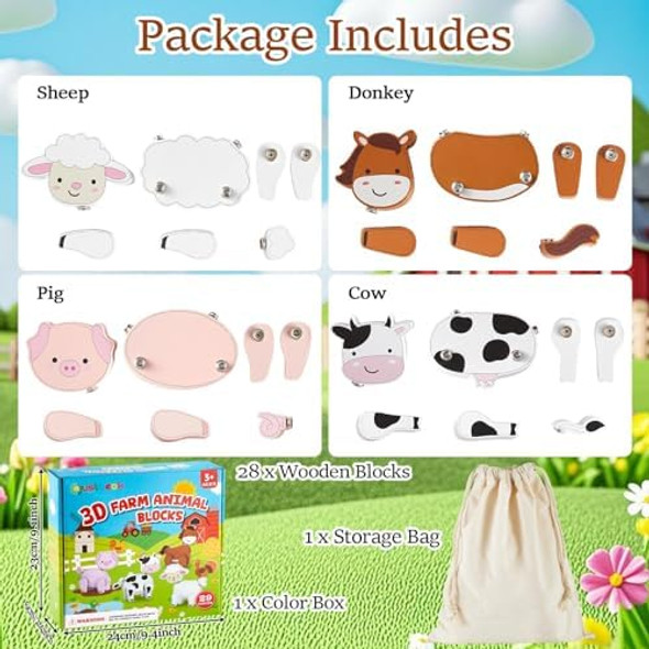 Ojustbeok 28 Pcs Farm Animal Snap Together Building Wooden Take Apart Cow Horse Sheep Pig Stem Montessori Educational Fine Motor Skill 3D Puzzle Learning Activity Game