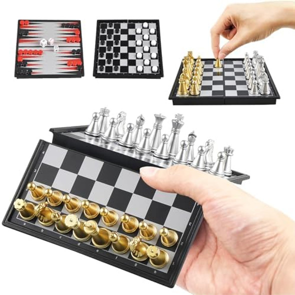 Oumoda 5'' Mini 3 In 1 Chess Checkers Backgammon Set Magnetic Folding Travel Chess Board With Instructions 2 Players For Kids And Adults