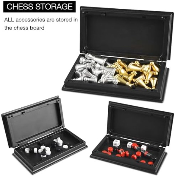 Oumoda 5'' Mini 3 In 1 Chess Checkers Backgammon Set Magnetic Folding Travel Chess Board With Instructions 2 Players For Kids And Adults