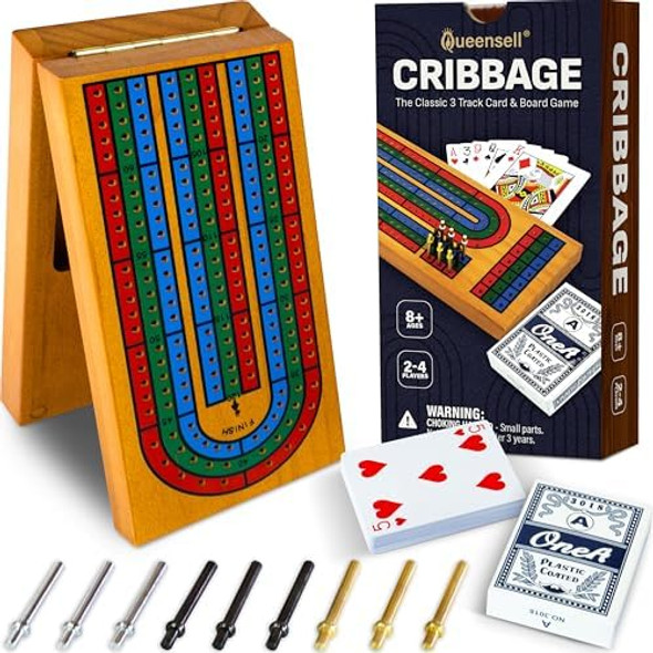 Queensell Cribbage Board Game Set With Storage - Classic Game Travel Cribbage Board With Wooden Card Storage For Adults & Kids - Ideal For Game Night Queensell Cribbage Board Game Set With Storage - Classic Game Travel Cribbage Board With Wooden Card Storage For Adults & Kids - Ideal For Game Night