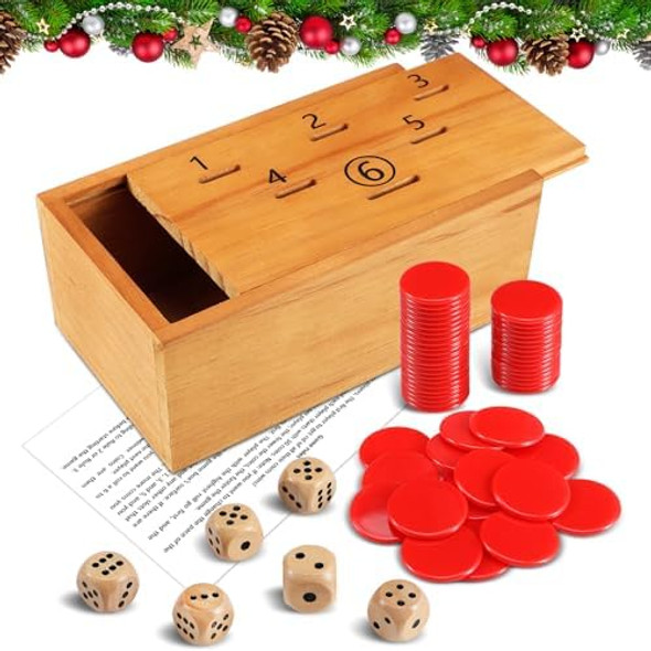 Realspring Penny Dice Games Family Fun Board Game Wooden Penny Box 6 Wooden Dice 60 Red Plastic Coins For 2-6 Players To Interact With Family And Friends