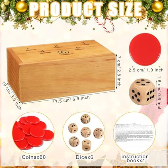 Realspring Penny Dice Games Family Fun Board Game Wooden Penny Box 6 Wooden Dice 60 Red Plastic Coins For 2-6 Players To Interact With Family And Friends
