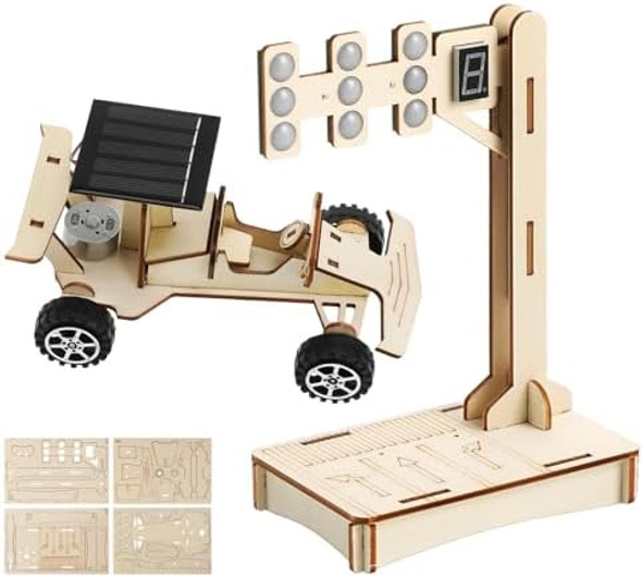 Toyvian Electic Car Stem Science Toy Set: 3D Wooden Puzzle Solar Car Model And Traffic Light Science Project Educational Solar Power Experiment For Boys Girls