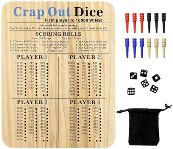 Uniqus Wooden Farkle & Dumpster Dice Game Tray-7.7X10 Inch Built-In Scoreboard, Portable Set With 6 Dice,12 Pegs & Suede Bag For Family Game Nights