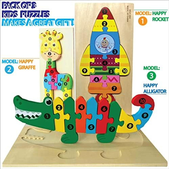Uniqus Wooden Jigsaw Toddler Puzzles, s For Kids Ages 3 And Up, Pre-School Educational Puzzles, Animal Jigsaws, s For Boys And Girls, Montessori Toys, 3D Animals, Alligator, Rocket And Giraffe