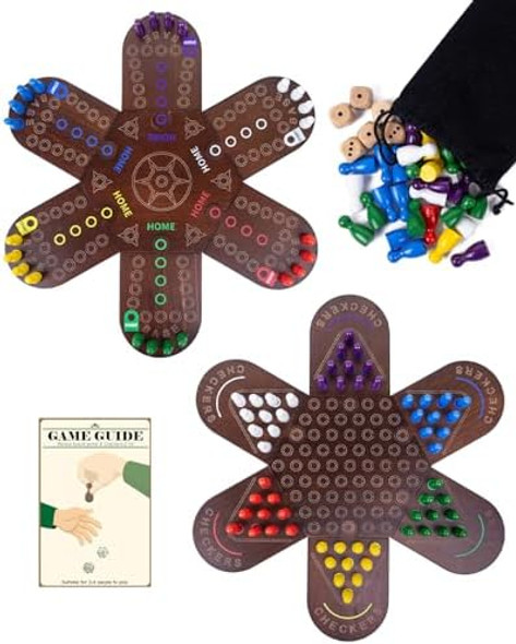 Wodgod Wahoo Board Game And Checkers 2 In 1, Fast Track Board Game, Wooden Original Marble Game, 6 Players, Double Sided, 6 Colors, 60 Pieces, 6 Dice