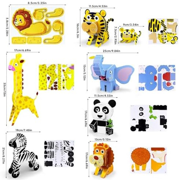 Xipegpa Wildlife 3D Jigsaw Puzzles Set Of 6 Exotic Jungle Animals Elephant Lion Zebra Panda Giraffe Tiger With 25 Pcs Mini 3D Cartoon Puzzles For All Ages Perfect Family Fun Activity