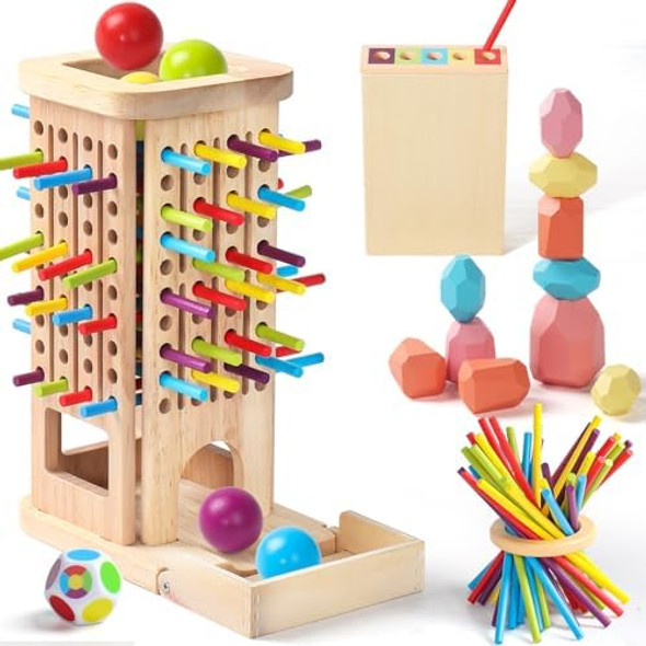 Zeewoo Montessori Toys For 3 Year Old Fine Motor Skills Toys For 5 Year Old Wooden Board Game - Educational Toys With Colorful Sticks, Dice & Stones, Family Game s For Age 2 3 4 5 6 7 8 Boys Girls