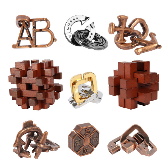 Actpo 9Pcs Puzzles Bulk For Kids, Teens, And Adults Retro Wooden And Metal Unlock Interlock Brain Teaser Toys.