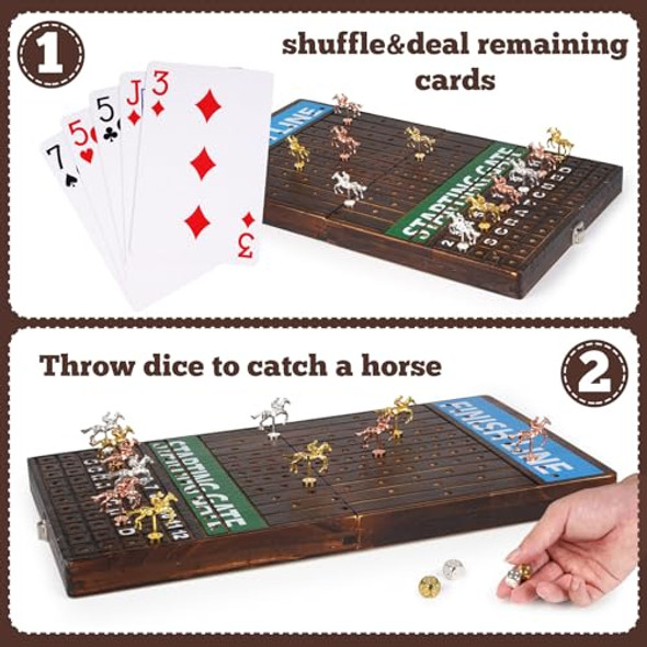 Agirlgle Deluxe Folding Horse Racing Board Game Set With Metal Horses, Foldable Board, Metal Dice, Domino Set, And Card Game – Premium Family Strategy Board Game For Parties, Travel, And Game Night