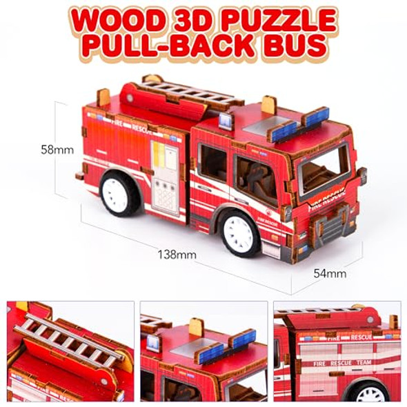 4 Different 3D Puzzles Car Toy, Includes 1 Fire Truck - 1 Ambulance - 1 Bus - 1 Car, Wooden Car Building Kit For Kids - Stem Wood Building Kit With Pullback Mechanism - Wooden Puzzle Model Car Kit