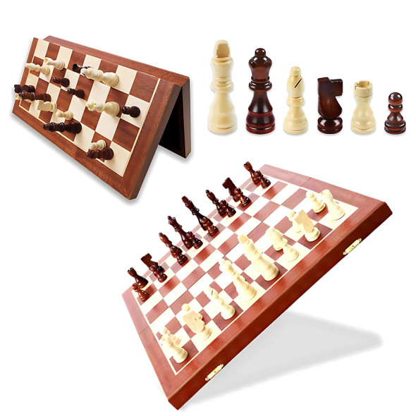 As Company As Chess Board For Adult Wooden Walnut Chess & Checkers Set - Chess Board Game Foldable -15 Inch - 2 Extra Queens Magnetic Chess Game With Storage Slot Travel Unique Portable (Sapele 15 Inch)