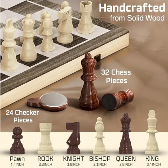Beyond Innoventions Wooden Magnetic Chess Set 15 Inch Foldable Chess Board - 2 Extra Queens - Magnetic Chess Game With Storage Chess Sets For Adults Handmade Portable Travel Chess Set For Kids & Beginners