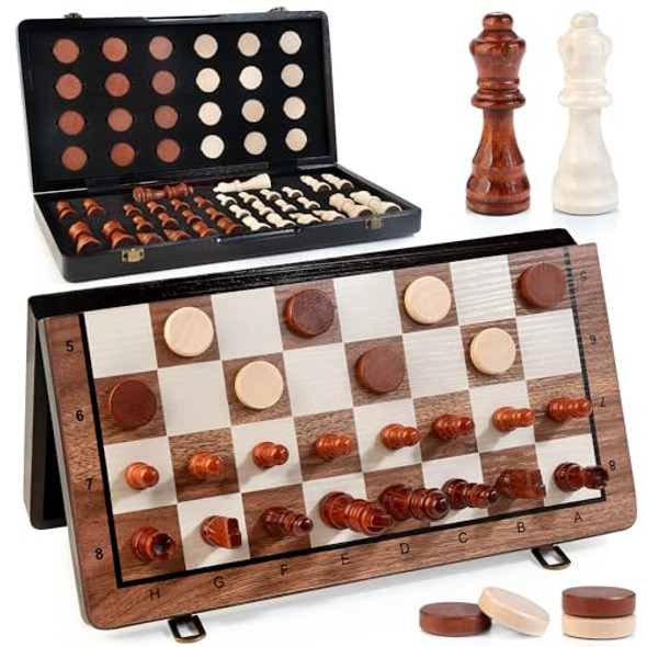 Bravmate 2 In 1 Magnetic Wooden Chess And Checkers Set, 15 Inches Folding Chess Board Game With 2 Extra Queens, Portable Travel Chessboard Pieces Storage Slots, Beginner Chess Set For Kids & Adults