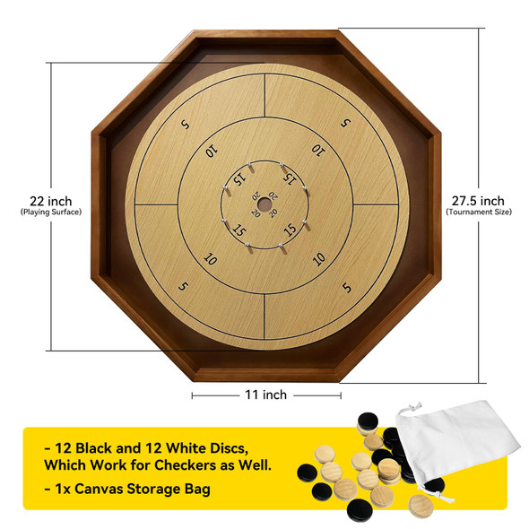 Bznota 27 Inch Tournament Crokinole Board Game, 2 In 1 Crokinole And Checkers With 22” Playing Surface, Metal Pegs, Wooden Octagon Canadian Tabletop Board Game Krokinole For Families And Friends