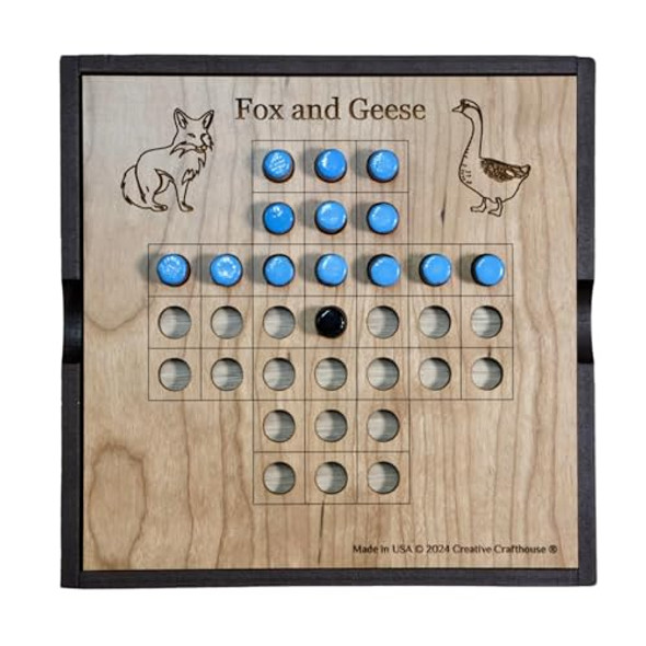 Creative Crafthouse Handcrafted Fox And Geese Game Board Set - 6" X 6" With Wood Travel Cover - Classic Strategy Game For All Ages - Inspired By Centuries Of Tradition