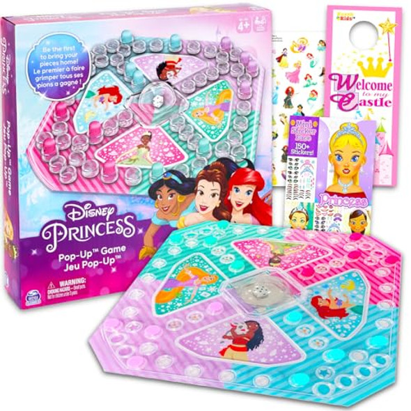 Disney Princess Pop Up Game - Bundle With Disney Princess Board Game With Pop Up Dice, Create-A-Face Stickers, More Disney Princess Games For Girls