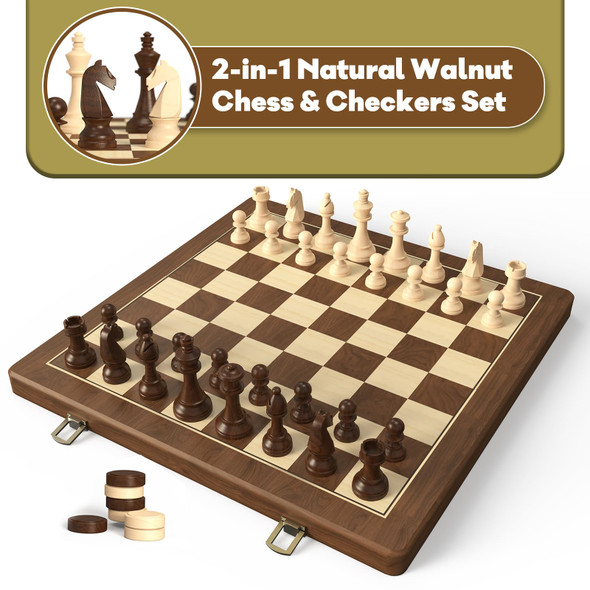 Doowroodni Premium Natural Walnut 15" Magnetic Wooden Folding Chess & Checkers Set- 2 In 1 Board Game With 3" King Staunton Pieces And 2 Extra Queens, Checkers, And Dust-Proof Storage Bag (Red)