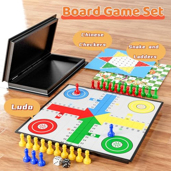 Dy-Go 3 In 1 Magnetic Board Games Set For Kids Adults - Classic Travel Game Set With Chinese Checkers, Ludo, Snakes And Ladders, Educational Family Strategy Game With Folding 12.4 Inches Board & Piece